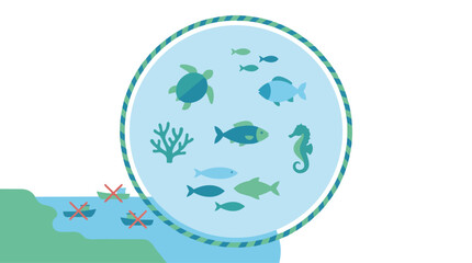 Fototapeta premium Marine Reserve Protects Sea Creatures from Fishing Boats with Red Cross Mark