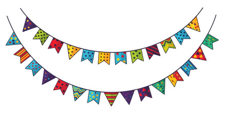 Obraz premium A vibrant string of multicolored triangular flags hanging in a festive outdoor setting with a clear sky