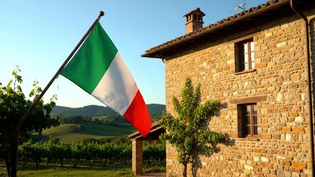 Italian flag waving in front of a rustic stone villa in Tuscany
