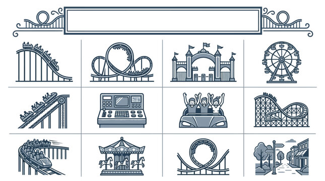 Set of twelve detailed amusement park ride icons and carnival attraction illustrations.