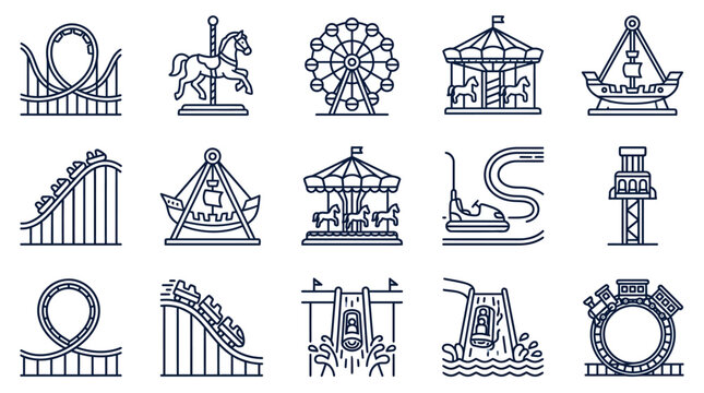 A collection of fifteen outline style amusement park ride icons.
