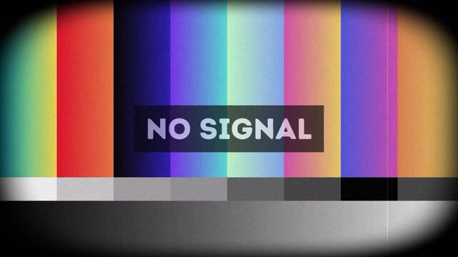 Retro television screen displaying colorful test pattern with a 'no signal' message, indicating a broadcast interruption or technical fault