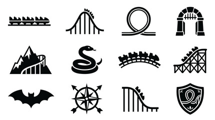 A collection of black and white icons featuring roller coasters and amusement park themes. © Aabis