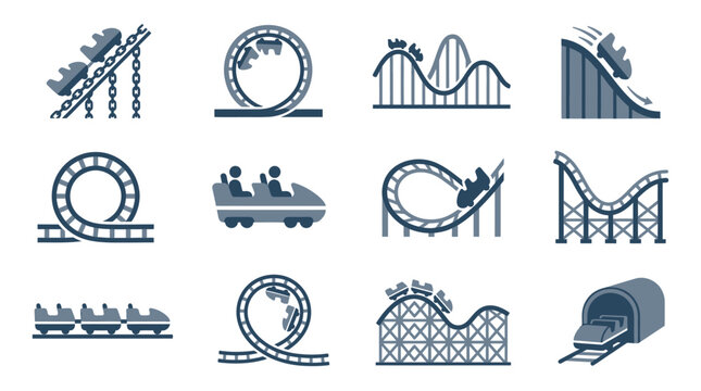 A collection of twelve distinct roller coaster icons and amusement park ride illustrations.