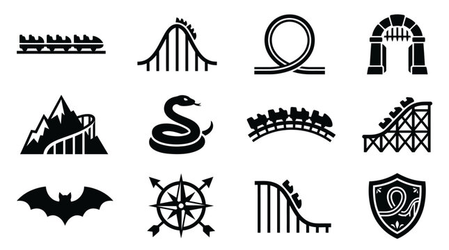 A collection of black and white icons featuring roller coasters and amusement park themes.