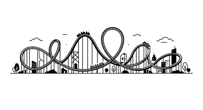 A detailed black and white line art illustration of a roller coaster in a city.
