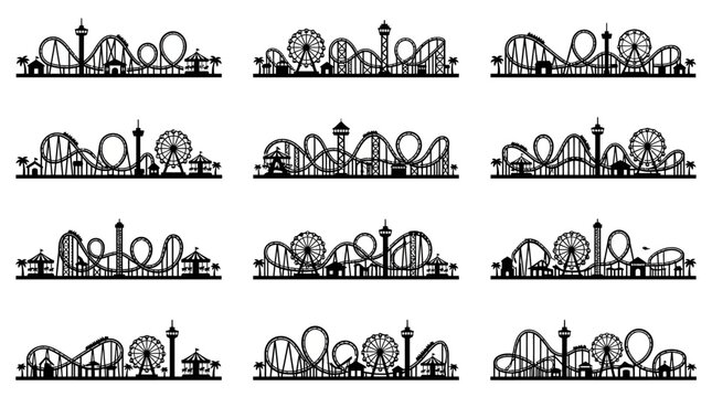 Set of twelve black silhouette illustrations featuring various amusement park skylines with roller coasters and ferris wheels.