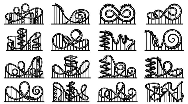 A collection of sixteen diverse roller coaster track designs in a clean line art style.