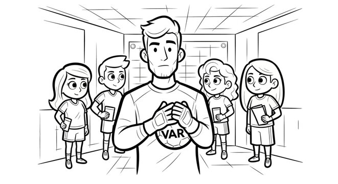 Cartoon character showing var symbol on shirt indoors.