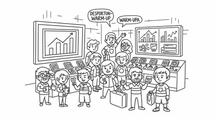 Obraz premium Cartoon business meeting with financial presentations and teamwork.