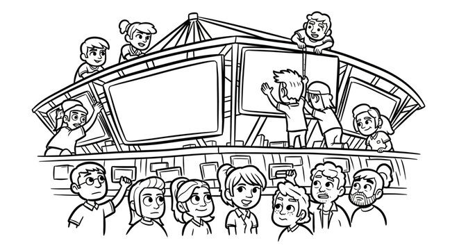 Cartoon Audience Watching Presentation on Small Stage.