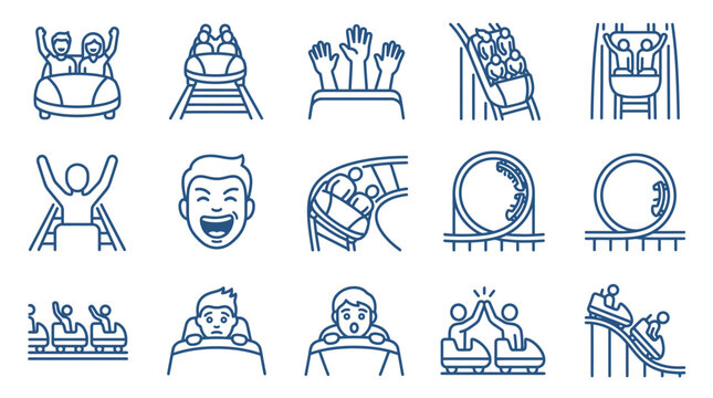 Collection of hand drawn roller coaster ride icons and amusement park elements.