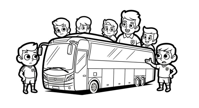 Illustrated group of children boarding a large bus.