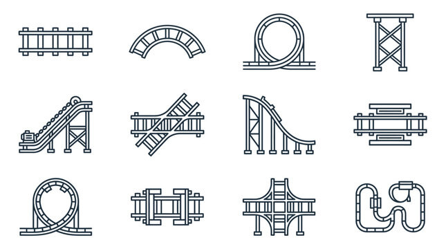 Set of various roller coaster track segments and rail components in line art style.