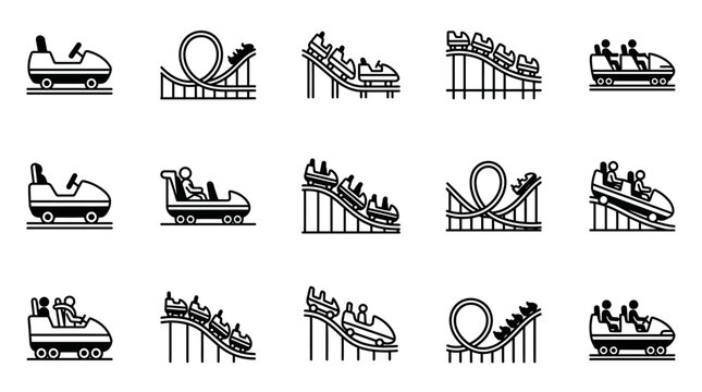 Collection of roller coaster and amusement park ride icons.