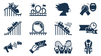 A collection of twelve amusement park and roller coaster themed vector icons. © Aabis