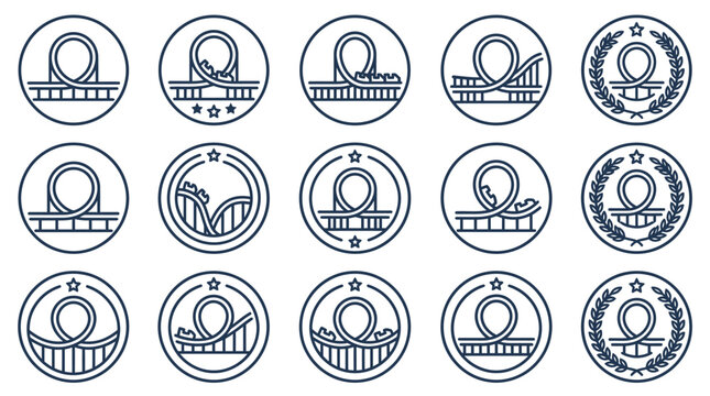 A collection of fifteen circular roller coaster icons featuring various track designs and decorative elements.