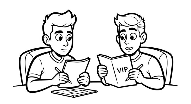 Two young students studying with important notes and books.
