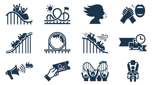 A collection of twelve amusement park and roller coaster themed vector icons.