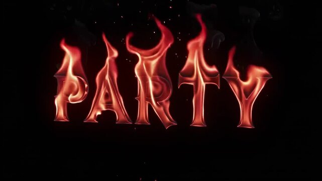 Party text typography burning with intense bright orange flames and glowing embers in a dark motion video clip captured with cinematic lighting to emphasize the heat and energy of celebration.