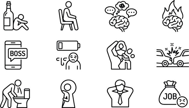Mental health and workplace stress line icon set featuring burnout brain depression anxiety low battery tired employee alcoholism boss call car crash and career problems