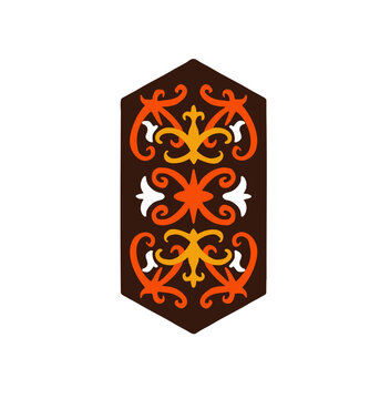 Traditional Dayak Kalimantan carving ornament with orange and yellow circular vine motifs on a dark brown background, Indonesian ethnic vector design.