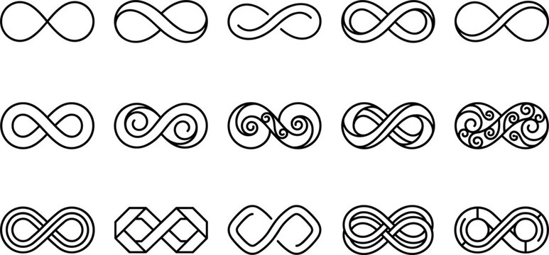 Infinity symbol and endless loop line icon set featuring mathematical signs abstract geometric flourishes and eternity vectors
