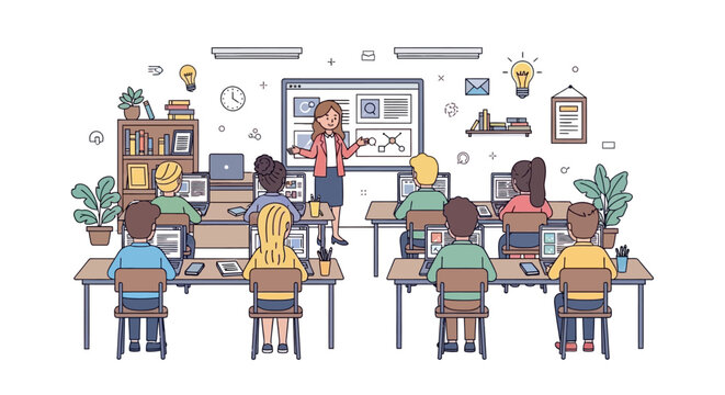 Teacher giving a digital lesson to students in a computer classroom illustration.
