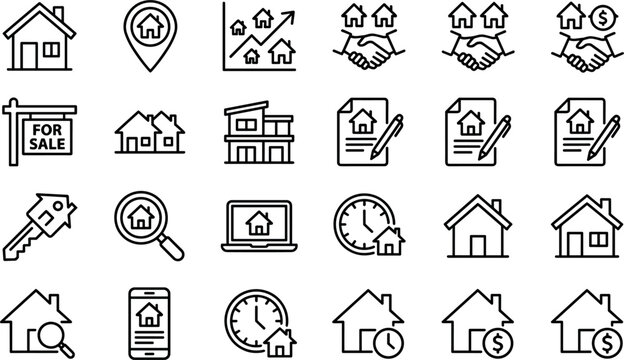 Real estate and property market thin line icon set featuring houses for sale map pointers handshakes contracts keys magnifying glass search laptop and finance charts