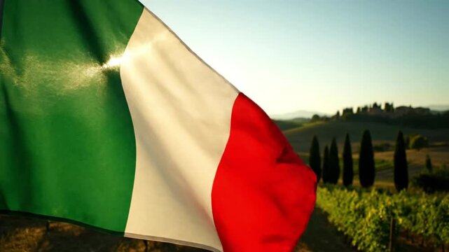 Italian Flag Waving over Tuscan Vineyard at Sunset