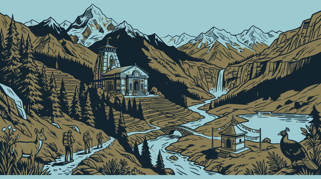 Scenic uttarakhand vector landscape with mountain temple and trekkers