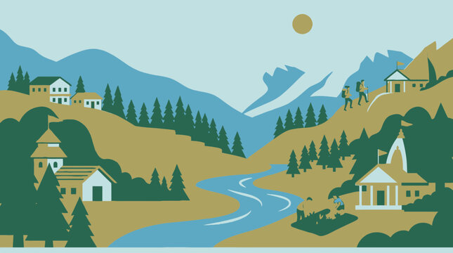 Uttarakhand vector landscape with mountain peaks and temples