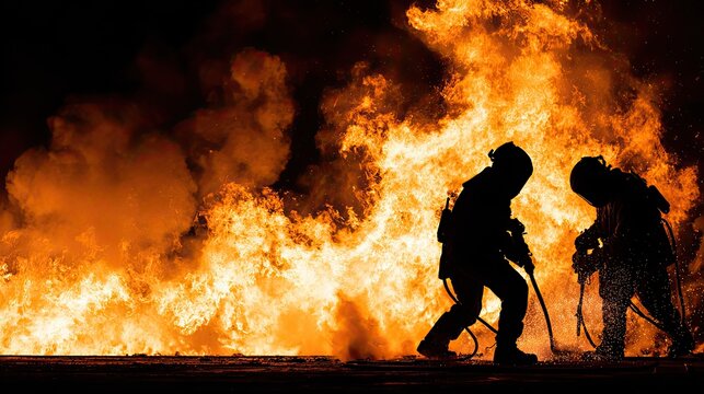 Silhouette of two firefighters putting out huge blazing fire, emergency rescue scene for fire safety education and charity poster design