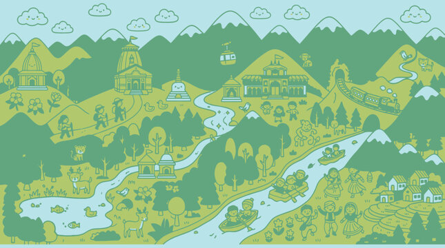 Uttarakhand vector landscape with mountains temples and rafting