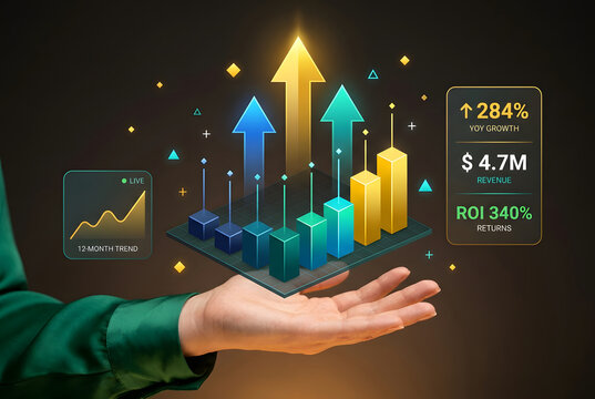 Hand holding holographic 3D bar chart with upward arrows showing 284 percent YOY growth for 4.7 million revenue ROI 340 percent and 12 month trend business performance concept