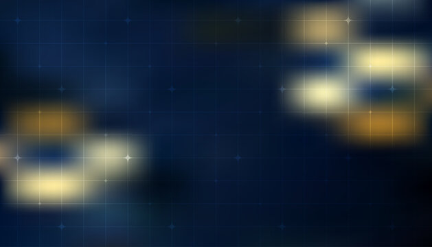 Abstract Blue Tech Grid Background. Golden Bokeh Blurred Light Texture