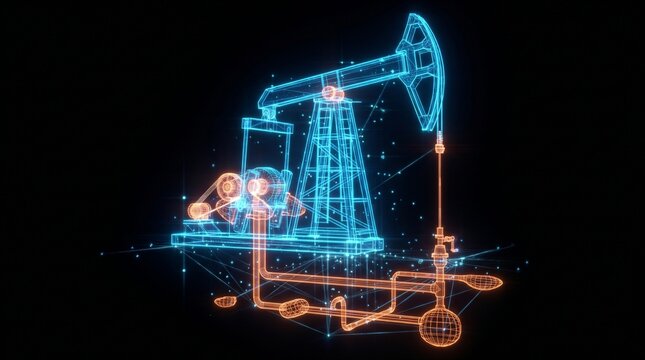  Glowing 3D wireframe model of an oil pumpjack. Digital twin, Industry 4.0 and B2B concept in modern oil and gas energy sector.