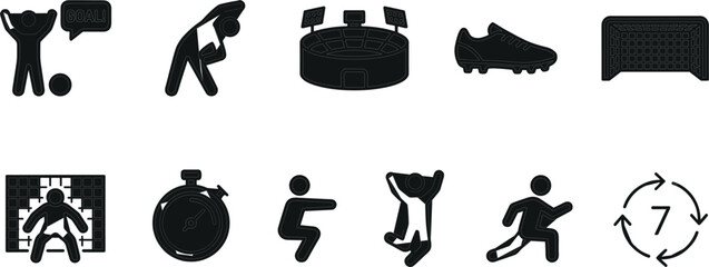 Soccer and football sports glyph icon set featuring stadium arena goal post cleats goalkeeper timer running player training and referee concepts. © Mominul