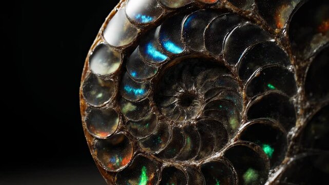 Close-up macro pan shot of a shimmering ammonite fossil revealing iridescent vibrant spectral colors within its natural spiral formation, representing ancient history