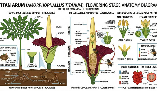 Titan Arum flower anatomy vector infographic with labeled botanical parts