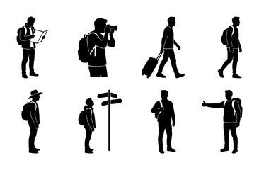 Fototapeta premium Traveler Silhouettes Set, Tourist Icons, Journey Vector Graphics, Adventure People Collection, Wanderlust Symbols, Backpacking Figures