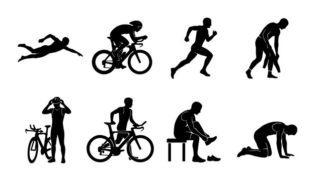 Triathlon Sports Icons, Multi-Sport Athlete Silhouette Collection, Swimming, Cycling, Running, Transition Actions Vector Set
