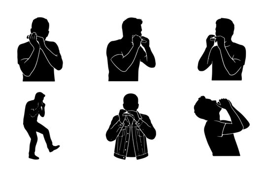 Harmonica Player Silhouettes, Musician Playing Blues Harp, Jazz Instrument Performance, Vector Set