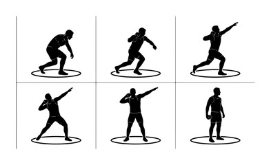 Fototapeta premium Shot Put Athlete Silhouettes, Six Poses Vector Set, Athletic Competition Action Graphics, Track and Field Sports Illustration