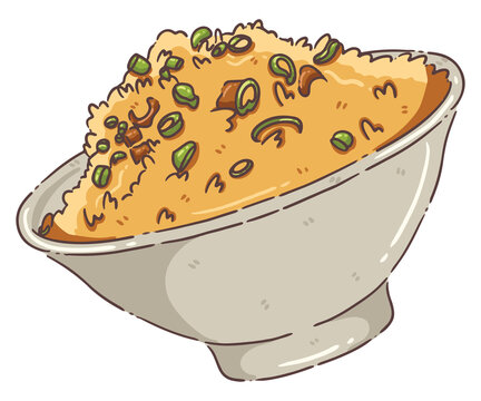 Hand-Drawn Garlic Fried Rice Illustration - Savory Japanese Ninniku Chahan Bowl with Scallions for Food Menu and Restaurant Decor