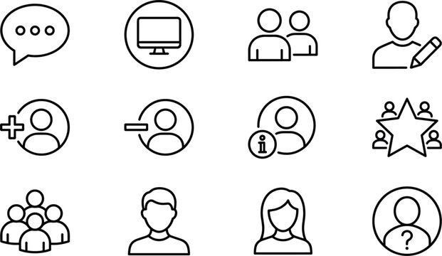 User profile account and community management line icon set featuring add remove edit contact info chat bubble team group and star rating symbols