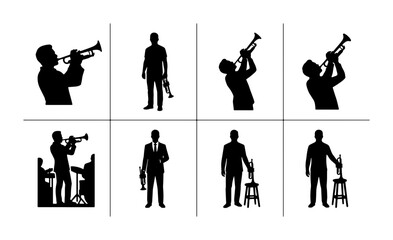 Trumpet Player Silhouettes, Jazz Musician Vector Icons, Brass Instrument Performers, Musical Performance Set © Mohammad