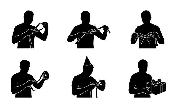 Gift Wrapping Instructions Vector Set, Bow Tying Steps, Present Packaging Icons, Celebration Preparation Silhouettes