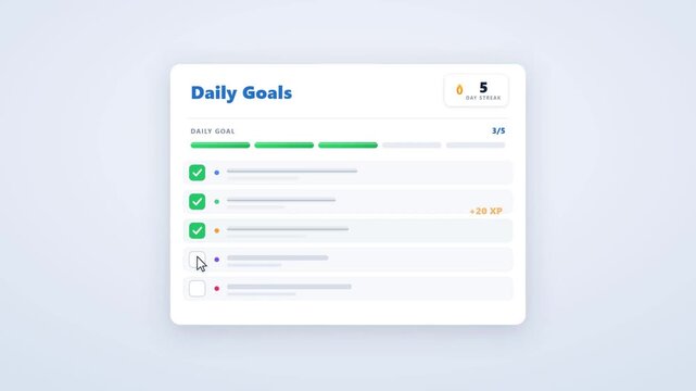 Animated daily goals app interface with checklist completing and progress reward badge
