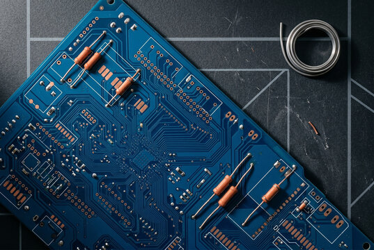 Flatlay composition of a multi-layered deep blue printed circuit board populated with orange ceramic resistors. Arranged diagonally on a granular dark grey vulcanized rubber ESD mat.